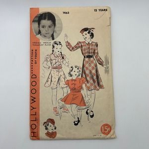 Hollywood Virginia Weidler Vintage1940's Pattern #1463 Frock/Hat Size 12 Yr. HTF